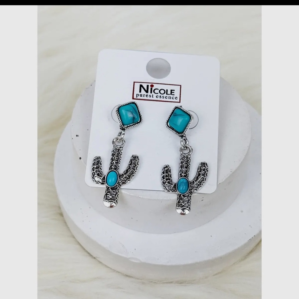 Nicole Turquoise and Silver Cactus Earrings